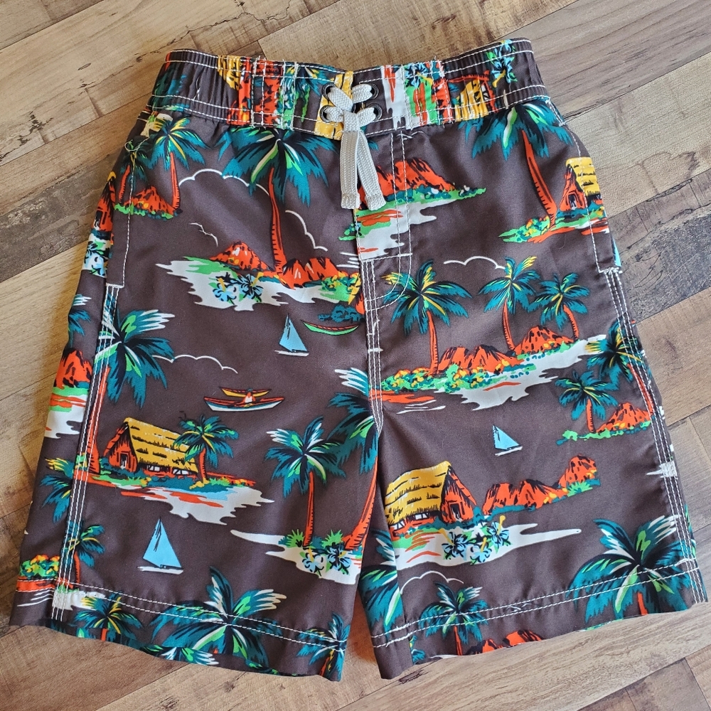 Children's Place Tropical Print Brown Swim Shorts Trunks Beachwear Boys Size 4T